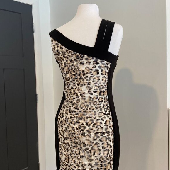 Frank Lyman Design One-Shoulder Leopard Print Black Panel Dress Size 10 - Picture 9 of 16